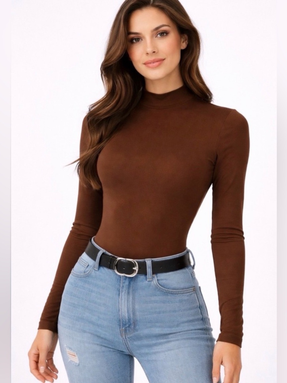 Popular 21 Brown Long Sleeve Mock Neck Bodysuit women’s Size S (A340)✨